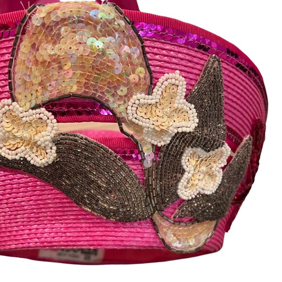Deborah New York Pink Wide Brim Hat With Sequin Floral Applique - Picture 13 of 14